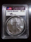 2002 $1 SILVER EAGLE PCGS GEM UNCIRCULATED JOHN MERCANTI SIGNED FLAG LABEL