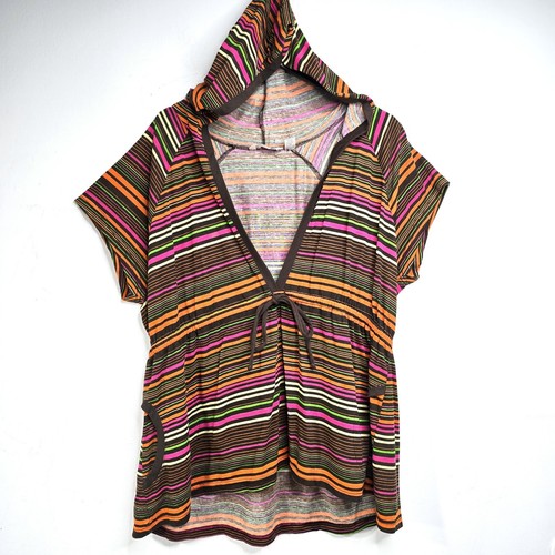 Vintage Derek Hart Brown Women's Sz 3X Striped Boho Y2K Swimsuit Cover Up Hood