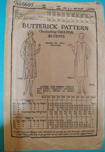 Antique 1923 Butterick Pattern No. 6697-Smock -Size Age 17 Bust 34 Complete 