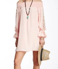 Off Shoulder Smocked Neck Dress VaVa by Joy Han Womens S Light Peach Mindy Boho