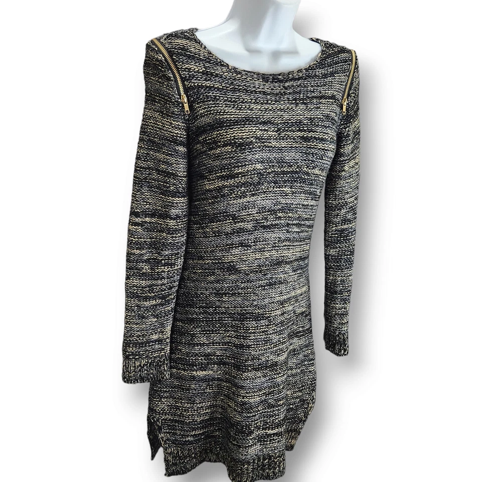 NY Collection Sweater Dress XS Black Gold Knit Grunge Rock Zipper Cold Shoulder - Image 4 of 4