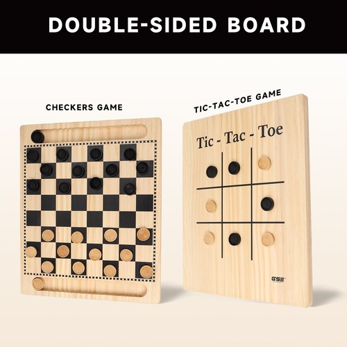 2-in-1 Wooden Checkers/Tic Tac Toe Game. Tabletop Family Board Games for Kids - Picture 2 of 7