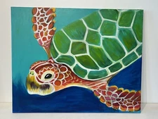 Modern Folk Art Original Sea Turtle Painting M.T. Haakon Acrylic On Canvas 16x20