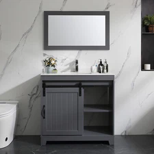 36" Bathroom Vanity Matte Gray Cabinet Ceramic Sink w/Faucet Drain & Mirror