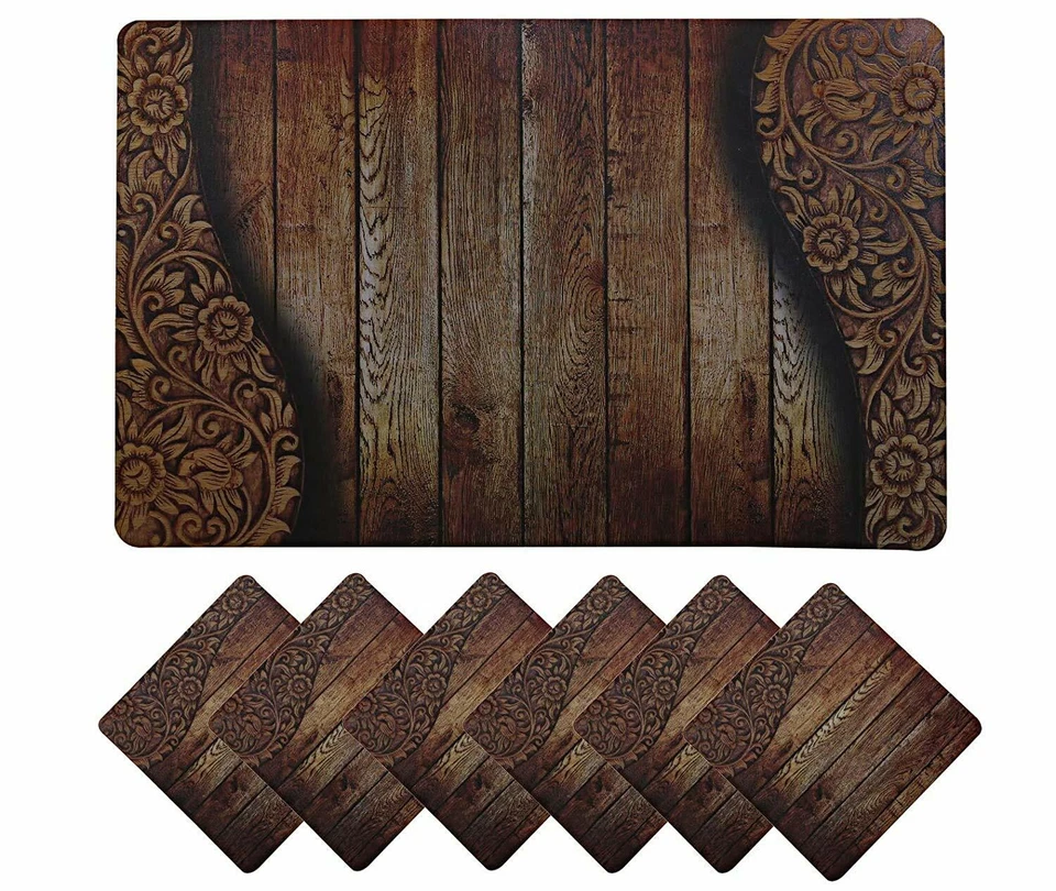 Dining Table Placemat Set with Tea Coasters Wooden Design PVC 6 Piece Brown - Image 2 of 4