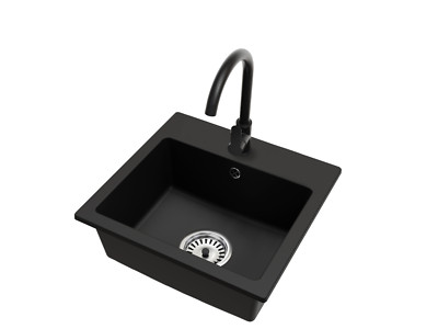 Schwarze DON-Granitspüle mit Küchenarmatur und Siphon