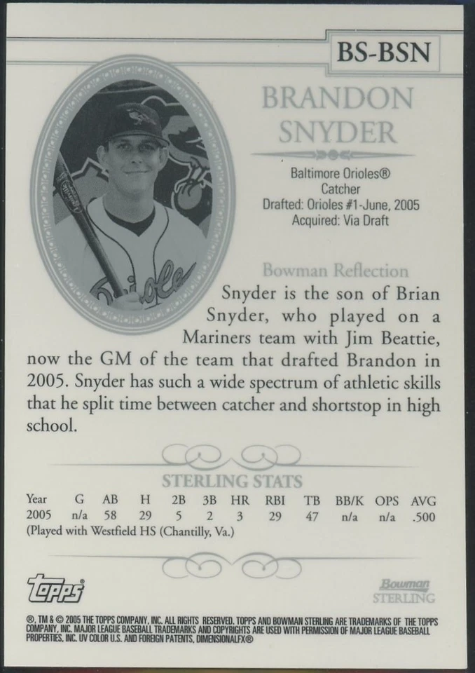 2005 Bowman Sterling Brandon Snyder First Year Rookie Baltimore Orioles RC - Image 2 of 2