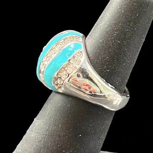 Bague dôme turquoise femme taille 7 pierres blanches CZ ton argent métal - Photo 4 sur 8