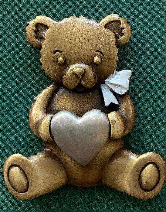 Roman, Inc. Teddy Bear lapel pin with White Bow and Holding a Silver Heart