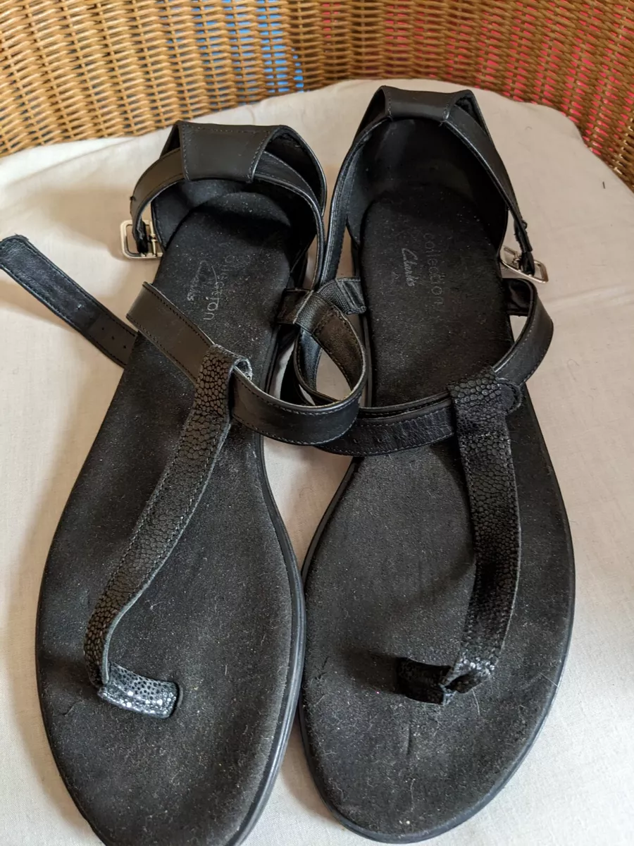 CLARKS Sandal Black Suede Silver Metallic Strap Toe-Post Gleam size 8 | Clarks  sandals, White leather sandals, Toe post sandals