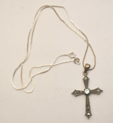 Vintage Marcasite FAS 925 Sterling Aquamarine Gemstone Cross