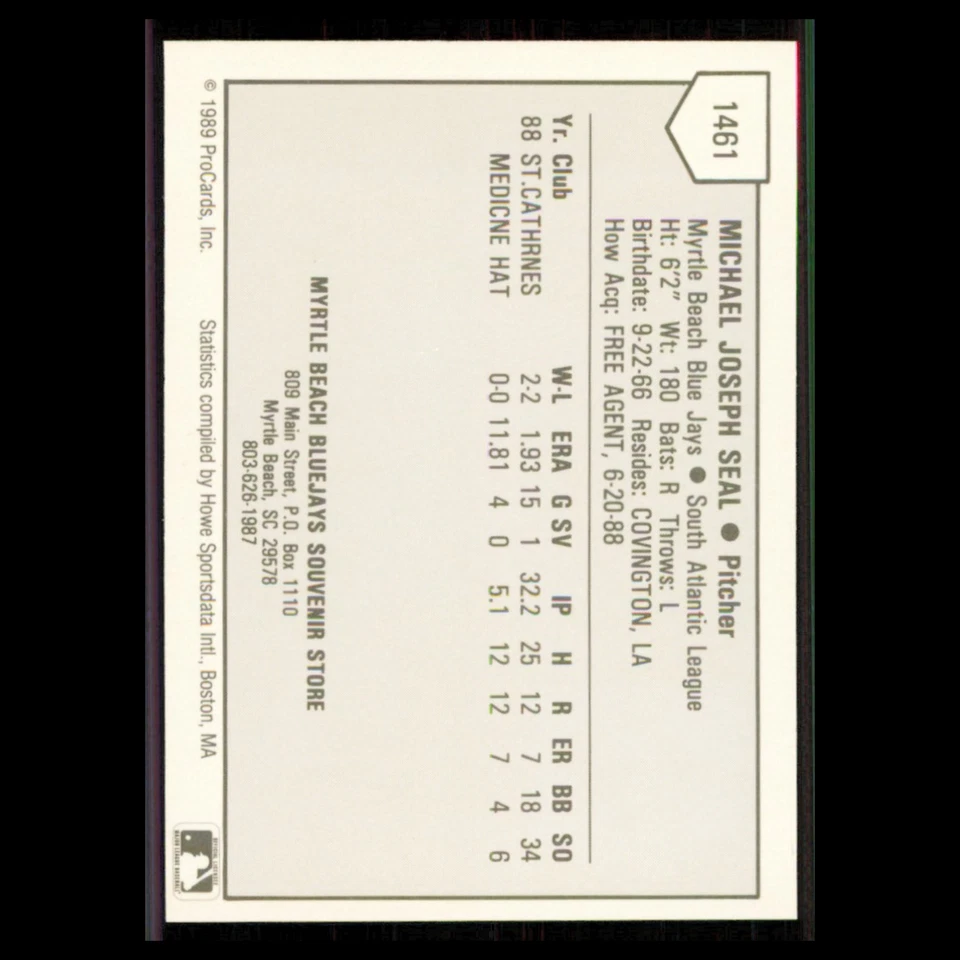 Mike Seal #1461 1989 ProCards Minor League Team Sets Myrtle Beach Blue Jays Card Foto 2 de 3