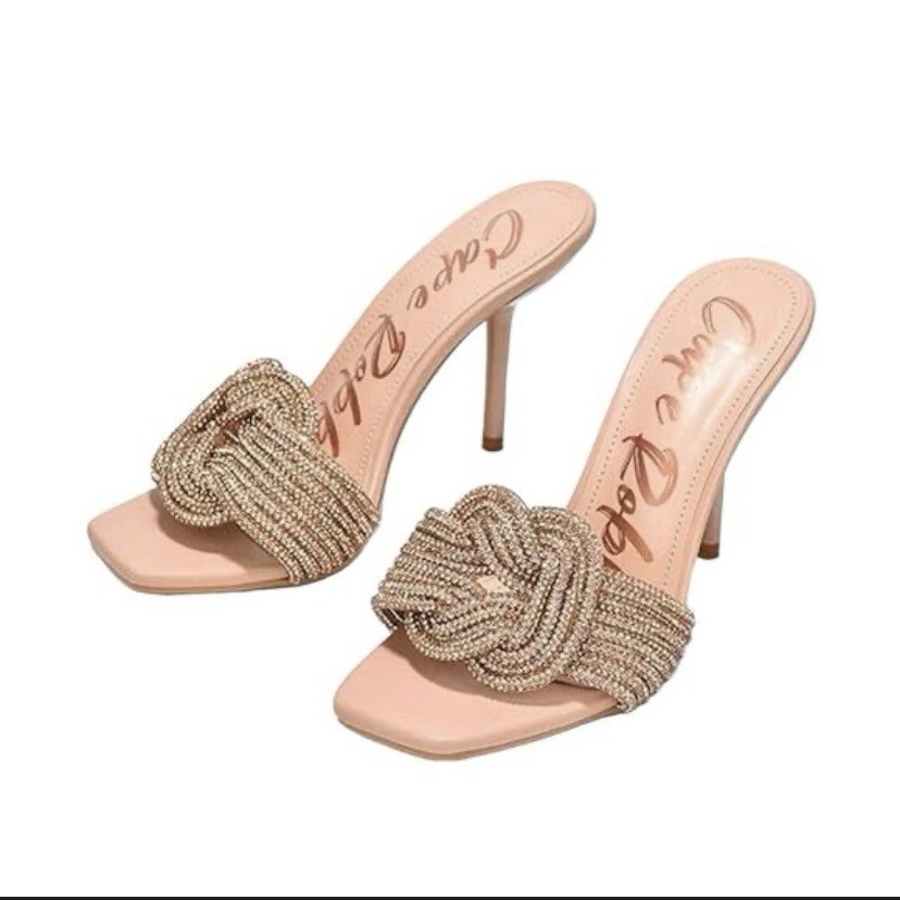Cape Robbin Rhinestone Knotted Slip-On Stiletto Mule Heels Beige Gold Women’s 10