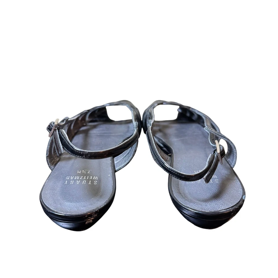 Stuart Weitzman Size 7.5 Black Patent Leather Strappy Open Toe Sling Back Flats - Image 4 of 4