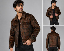 Men's Brown Hair-On Cowhide Leather Jacket Western Biker Ranch Coat