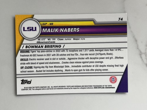 Scheda calcio 2023 Bowman Chrome U #75 Malik Nabers LSU & New York Giants - Foto 2 di 2