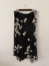 90s Vintage Silk Blend Black Cream Floral Asymmetrical Indie Whimsy Skirt 14