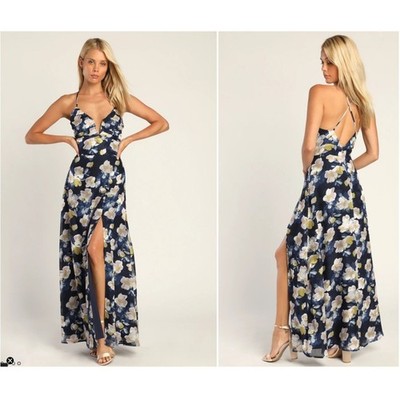 Lulus Dress Women's Medium Navy Blue Floral Maxi Plunge V-Neck Spaghetti Strap