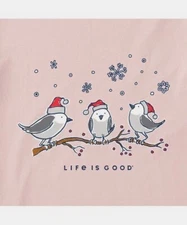 NWT Womens Life is Good Festive Birds Santa Hats Pink SS Crusher Vee