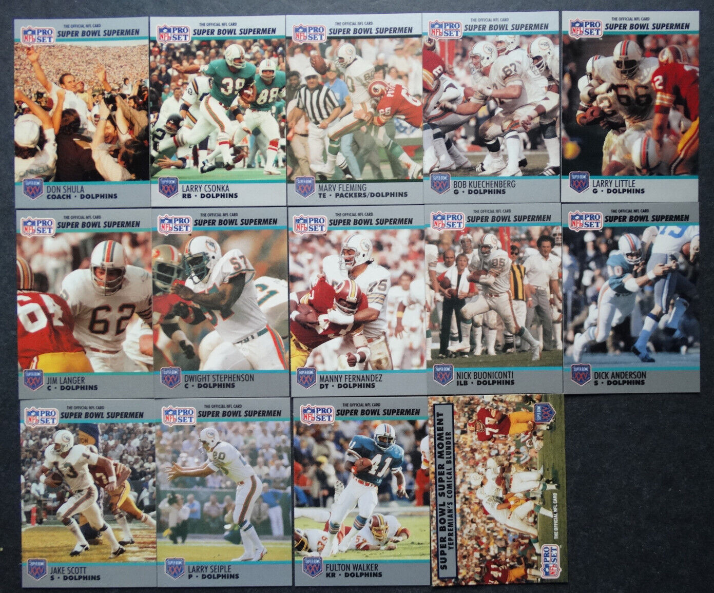 1990 Pro Set Super Bowl Supermen Miami Dolphins Team Set 14 Football Cards