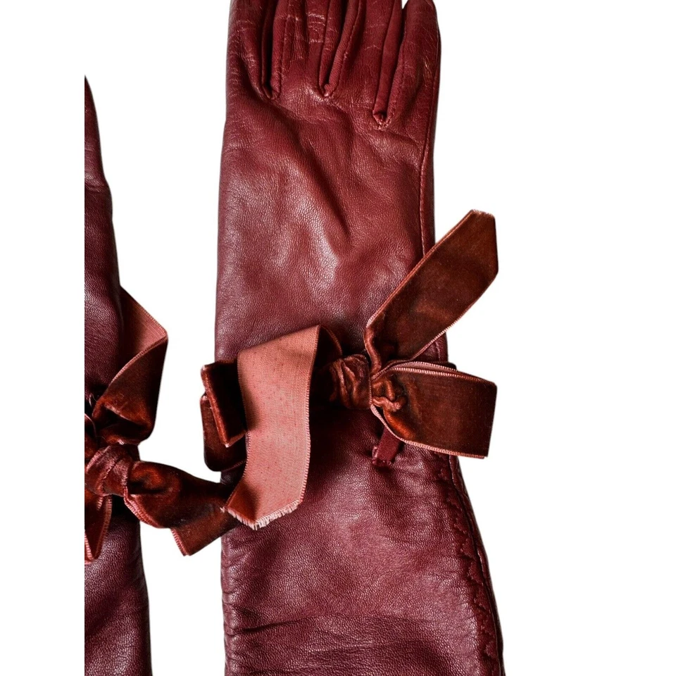 Soft Red Leather Thermal-lined gloves Sexy Size S Bow Ribbon Steampunk - Image 3 of 4