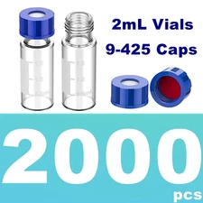 2000PS 2ml Sample Vials Caps 100pcs/pack 9mm Clear Glass Bottle 9-425 Screw PTFE