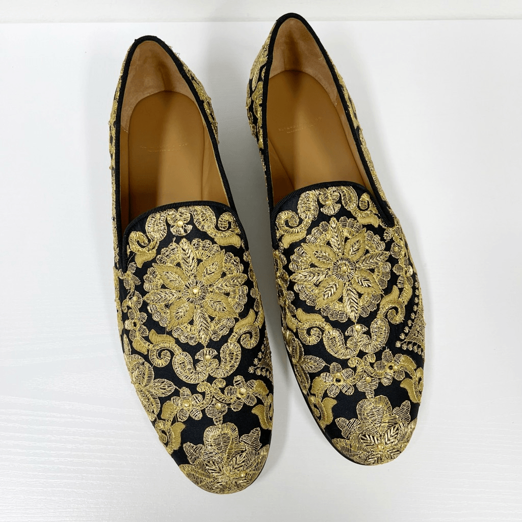 PANTOFOLA D’ORO Pantofole in pelle super glamour Harley Yamka oro nero ricamate tela 45 13
