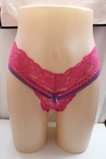 Women's Pink Lace Purple Bow Flutter Nylon Thong M panties