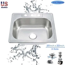 18Gauge Stainless Steel Single Bowl Topmount Drop In Kitchen Sink 3Hole 25" x 22