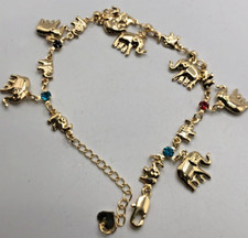 Cavigliera o Bracciale Placcato Oro Stile Bali Strass Elefanti Lunghezza Regolabile