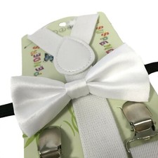 "WHITE" Matching Suspender  Bow-Tie Set Kids Toddler Baby Boys Girls