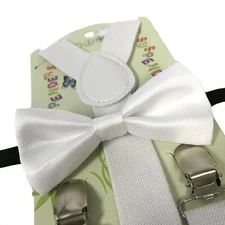 "WHITE" Matching Suspender & Bow-Tie Set Kids Toddler Baby Boys Girls