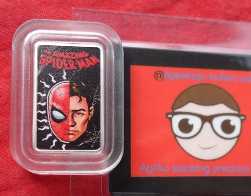 Rare Mini Vintage Comics "Spiderman" 1/10th Oz .999 SILVER Mini Proof Bar Color