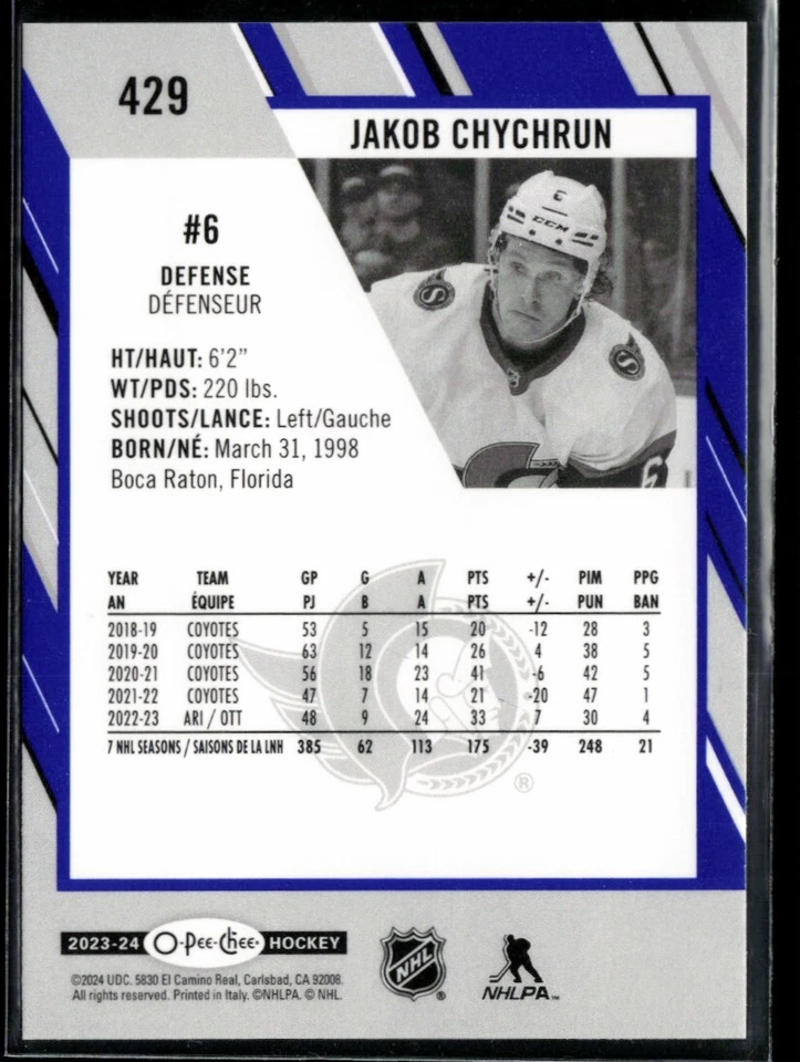 2023-24 O-Pee-Chee Blue Border Jakob Chychrun #429 - Image 2 of 2