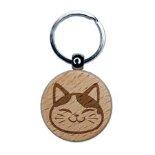 Happy Spotted Cat Face Engraved Wood Round Keychain Tag Charm