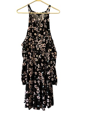 TORRID Cold Shoulder Floral Sun Dress Size 1 Black Pink Long Sleeve Flare Beach