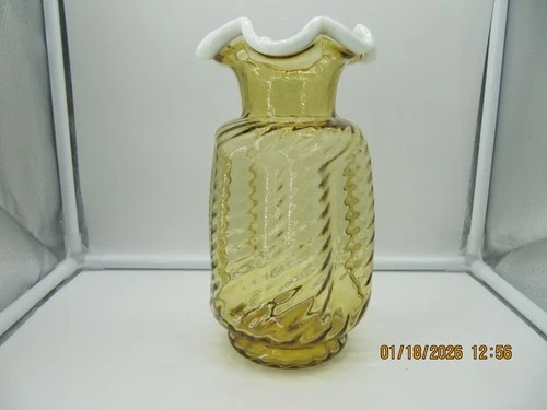 Fenton Glass Amber Snow Crest Pinched Edge Vase Spiral Optic - 8.5”