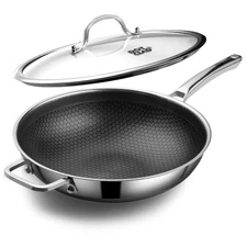 Wok pan,Hybrid 12 inch Wok with Lid, PFOA Free Cookware,non stick Stainless S...