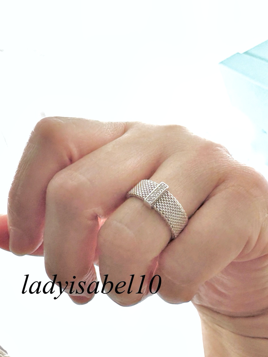 Sz 7.75 Tiffany & Co Somerset Mesh 4 Diamond Wide Ring 925 Silver