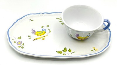 Longchamp Perouges Birds Plate Platter & Cup Faience Pottery 2 pcs France