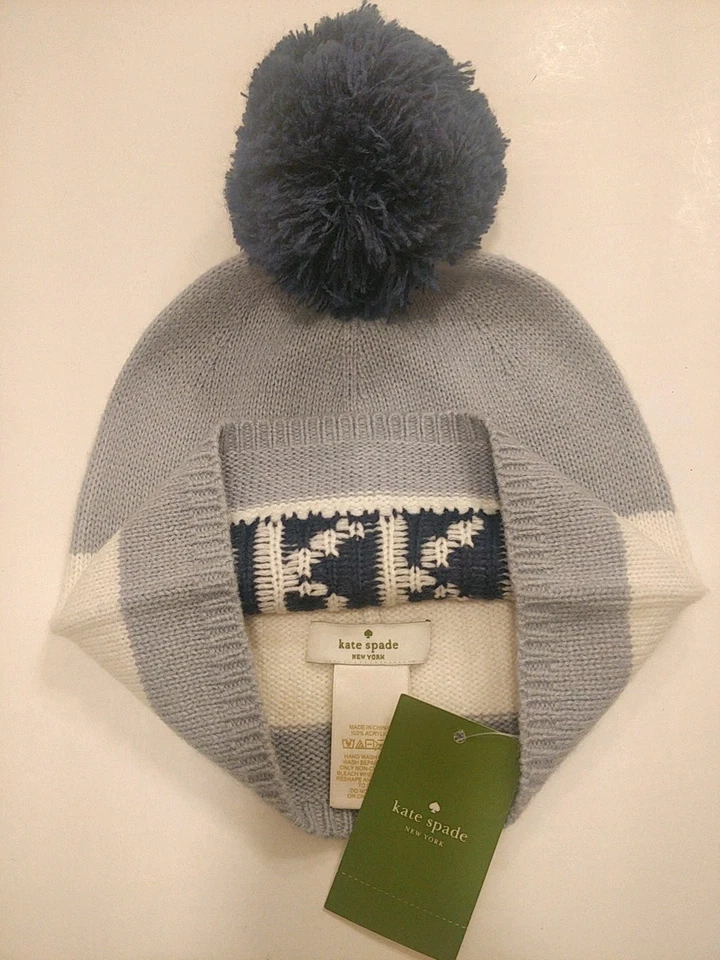 全新带标签 Kate Spade $58 BRR 豆豆针织 Pom Pom 冬季帽子海军蓝白色 均码 — 第 4/4 张图片