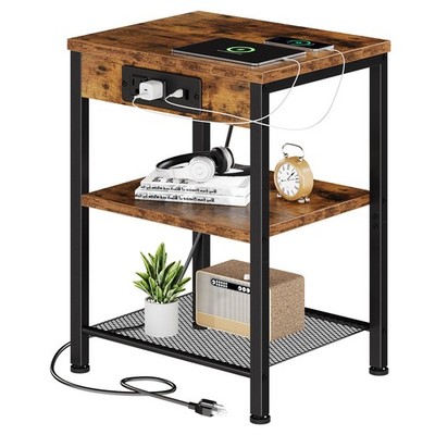 15.7'' Small Side Table with Charging Station, End Table with Outlets & USB Po...