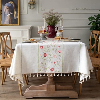 Amzali Table Cloth Embroidery Floral Pattern Wrinkle Heavy Weight Cotton Linen