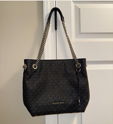 Michael Kors Jet Set Chain Tote Black Signature MK Logo Shoulder Bag Purse