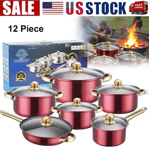 12 Piece Cookware Set Nonstick Pots and Pans Home Kitchen Cooking Non Stick, Red