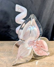 Hand Blown Glass Lily 3 Petal Flower Art Glass Spiral Stem Pink White Clear 6"