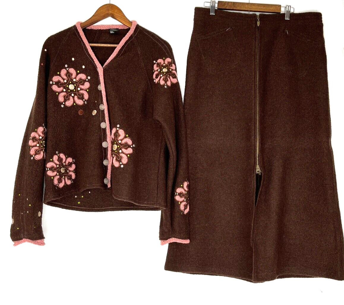 CoVelo Wearable Art Wool Jacket/Skirt with Embroidered Designs Brown Sz