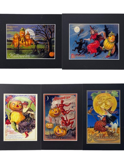 5 HALLOWEEN PRINTS WITH GLITTER & MATTING 8" X 10", READY FOR FRAMING