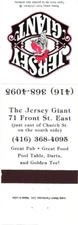 Ontario Canada The Jersey Giant Great Pub Great Food Vintage Matchbook Cover
