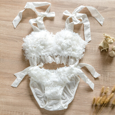 Fluffy Winter Feather Bra Panties Set Wirefree Soft Underwear Sleep  Intimates
